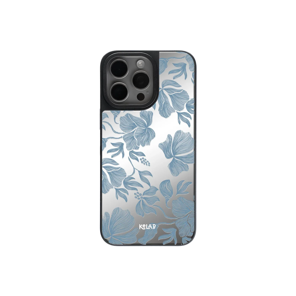 Dreamy Blue Butterfly Clear Case by KELAB featuring blue floral design on mirror back for iPhone, offering stylish protection and reflective finish.