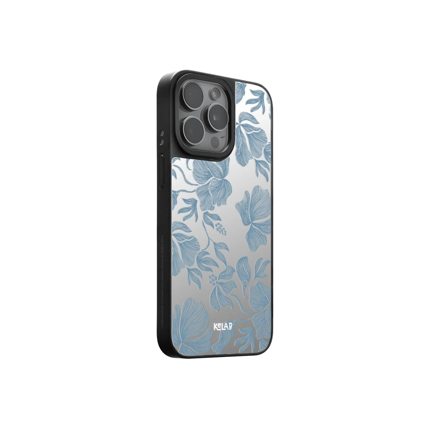 KELAB Blue Line Artsy Flowers Mirror Phone Case with clear reflective back and floral print, designed for iPhone with sleek side profile.