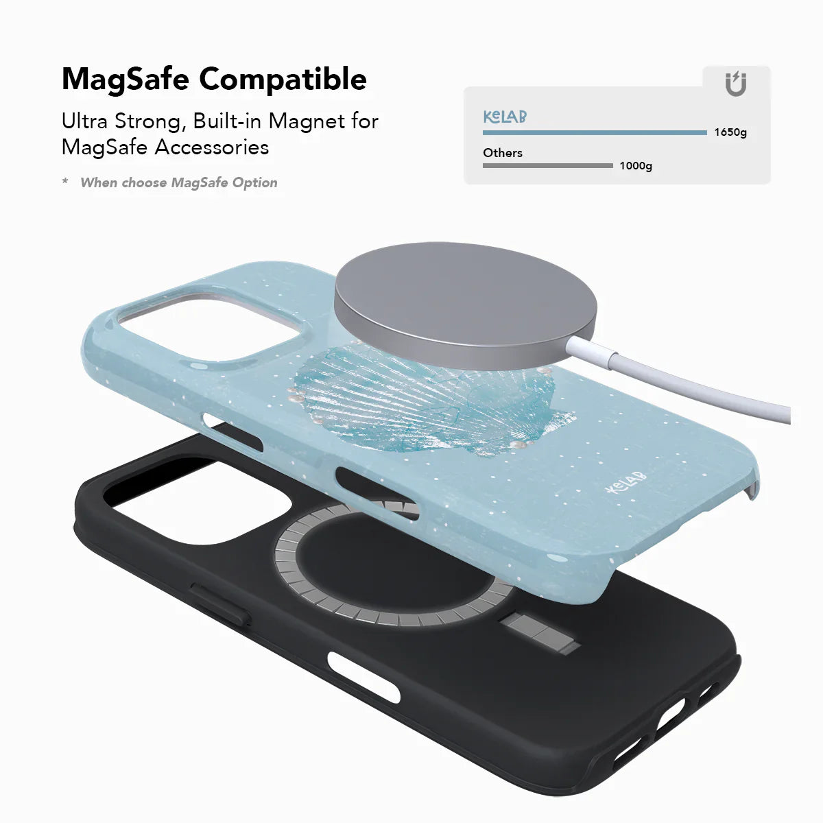 Pastel blue seashell pattern phone case with MagSafe compatibility, featuring built-in magnet and layered design for iPhone protection.