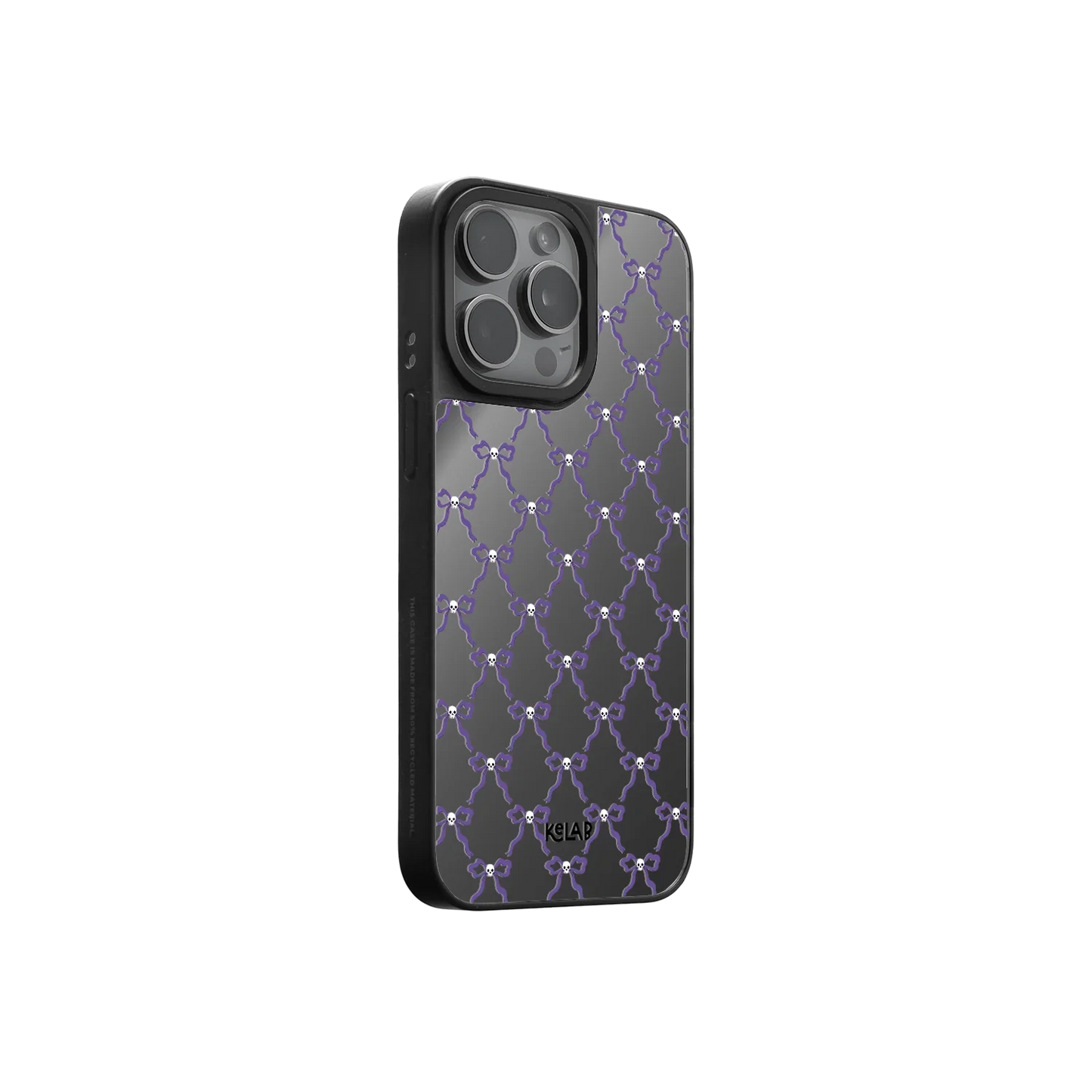 Haunted Elegance mirror phone case in black with purple bows and eye accents, offering a gothic Halloween vibe with a sleek side profile.