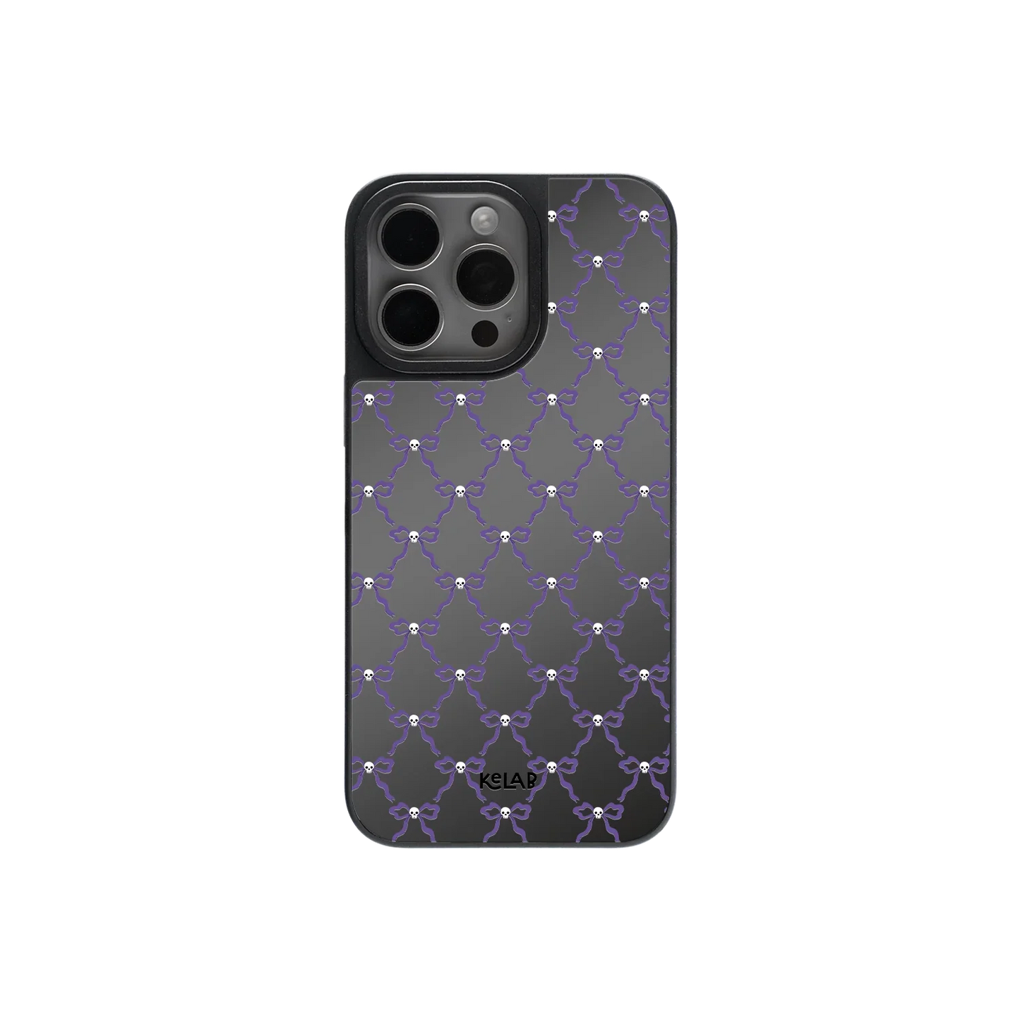 Black and white Halloween mirror phone case with purple chain bow pattern, featuring a glossy reflective back for a spooky yet elegant look.