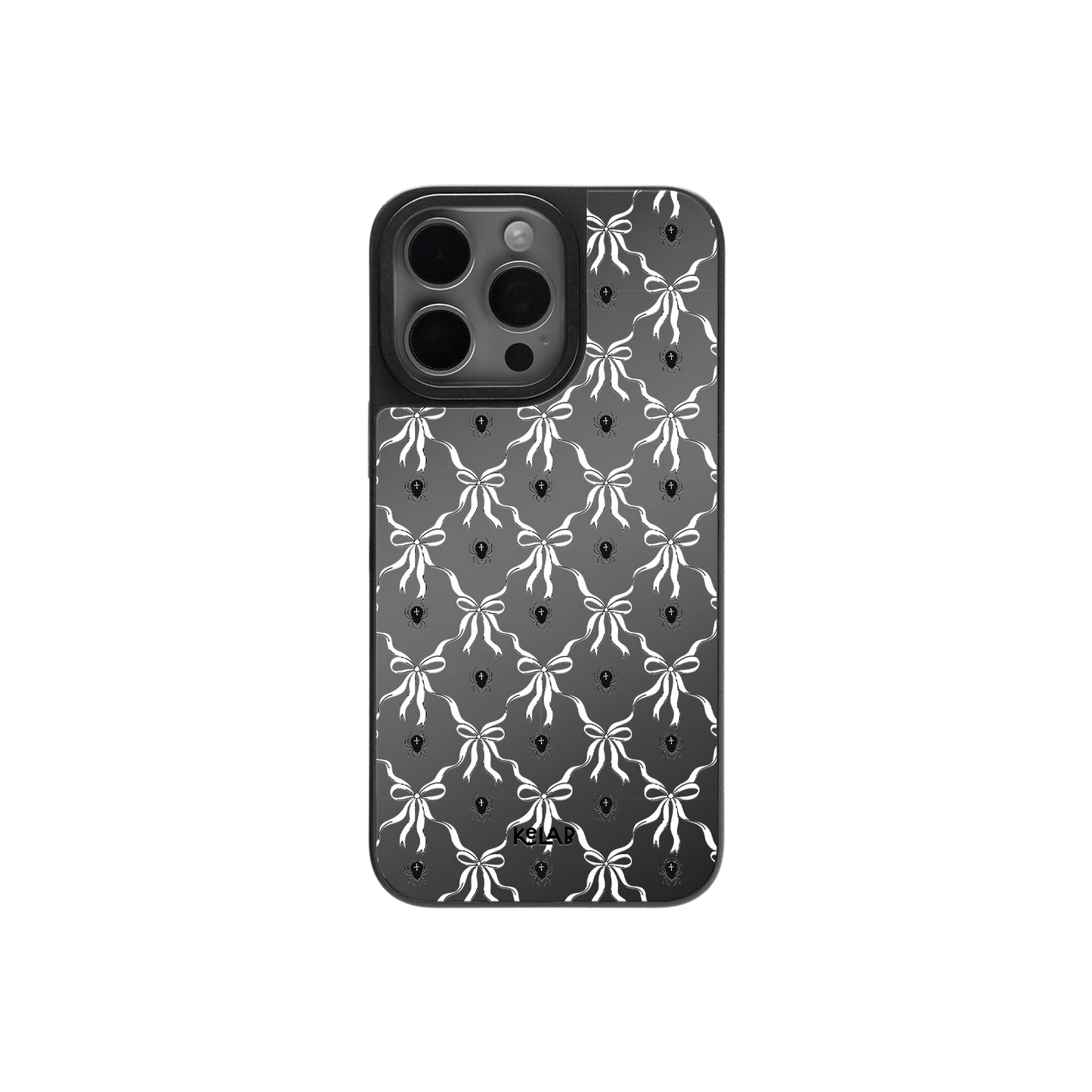 Gothic Halloween phone case with violet bow pattern and mirror back, featuring a black and white symmetrical Victorian design.