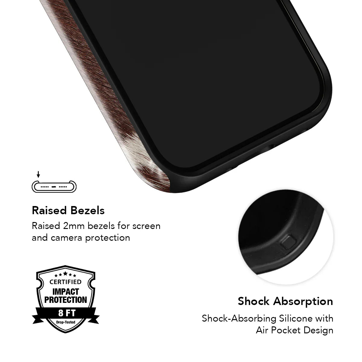 Close-up of raised bezels and shock-absorbing silicone with air pocket design for 8 ft drop protection on the Cow Print Brown iPhone Case.
