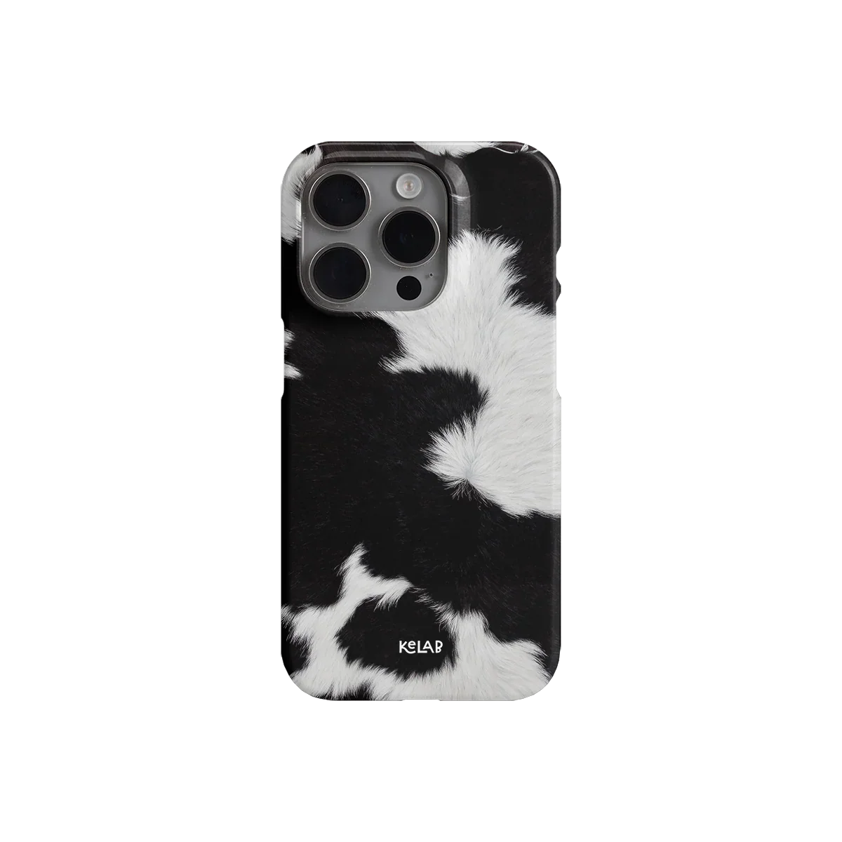 Back view of the bold Black & White Cow Print iPhone Case by KELAB, highlighting its graphic animal print and stylish monochrome aesthetic.