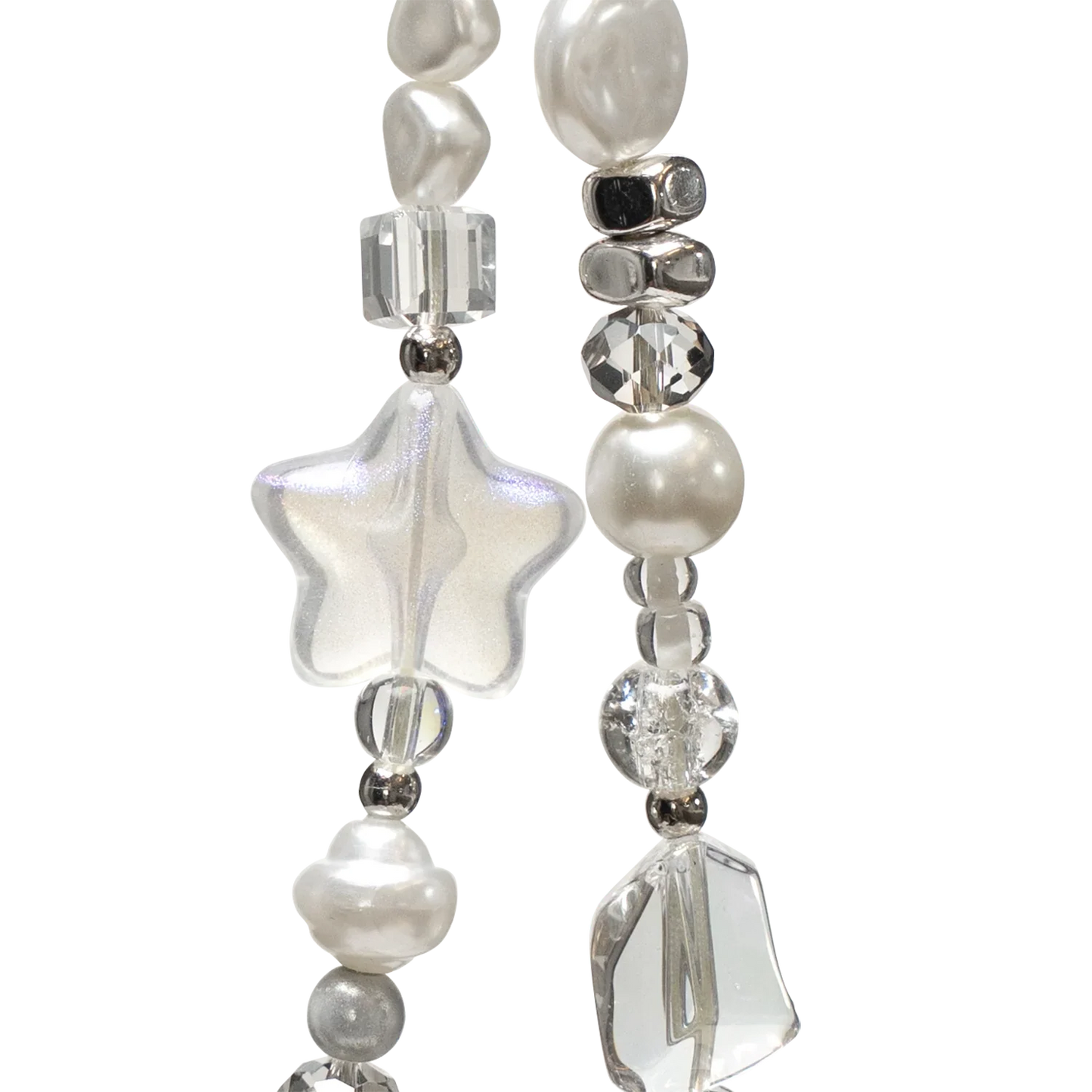 Close-up of KELAB's Cosmic Pearl phone charm showing glittery star, pearl accents, and faceted crystal beads for a dreamy celestial look.