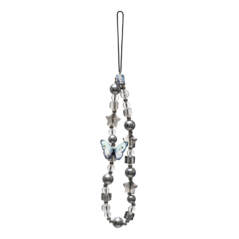 Moonshade Phone Charm – Butterfly & Pearl Aesthetic by KELAB featuring silver beads, clear stars, and a blue butterfly centerpiece.