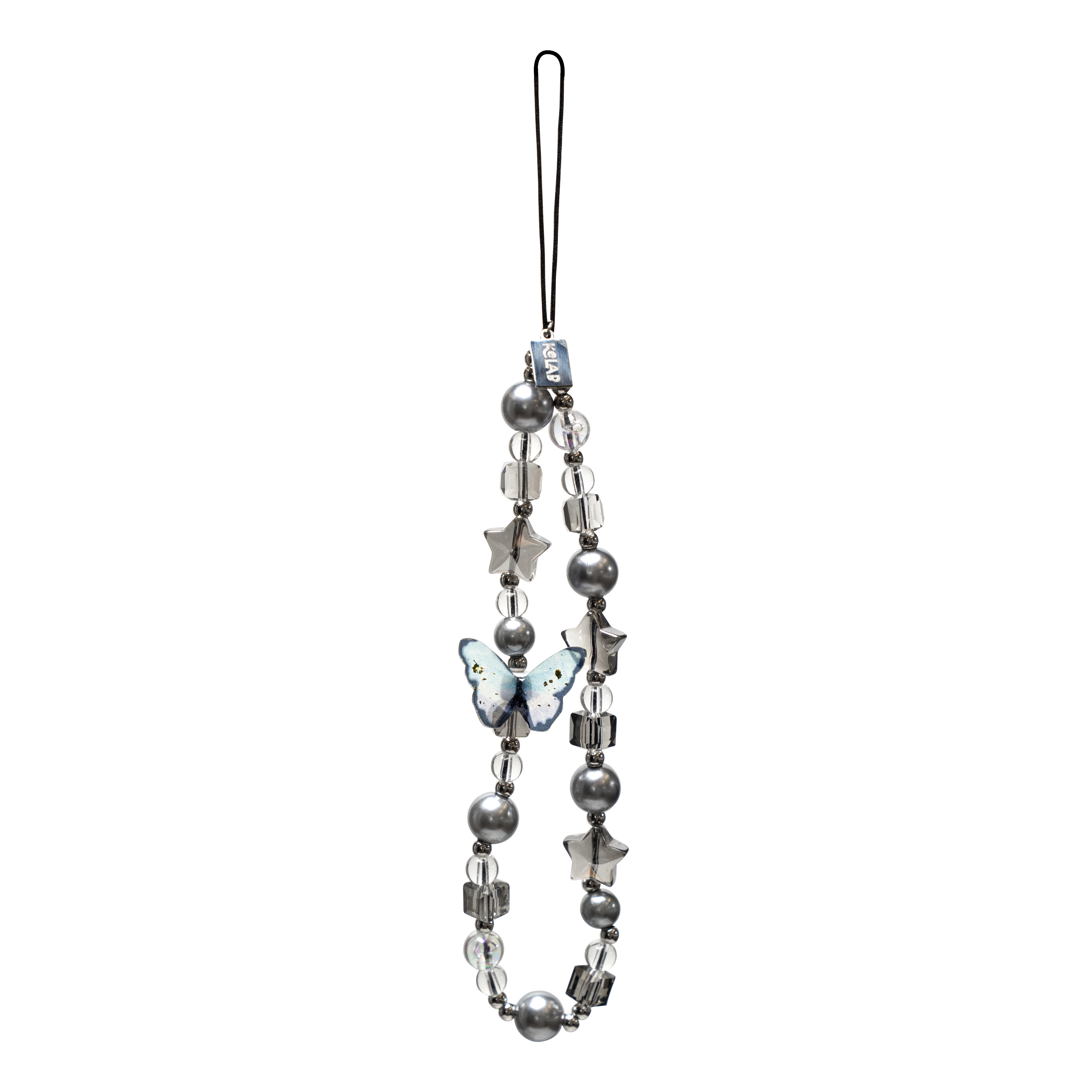 Moonshade Phone Charm – Butterfly & Pearl Aesthetic by KELAB featuring silver beads, clear stars, and a blue butterfly centerpiece.