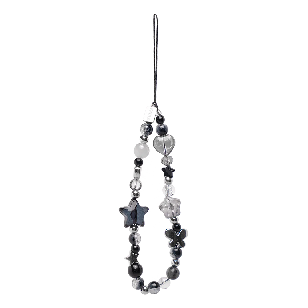 Chrome star beaded phone charm with black, silver, and crystal beads in celestial and Y2K style. Features silver stars and black accents.