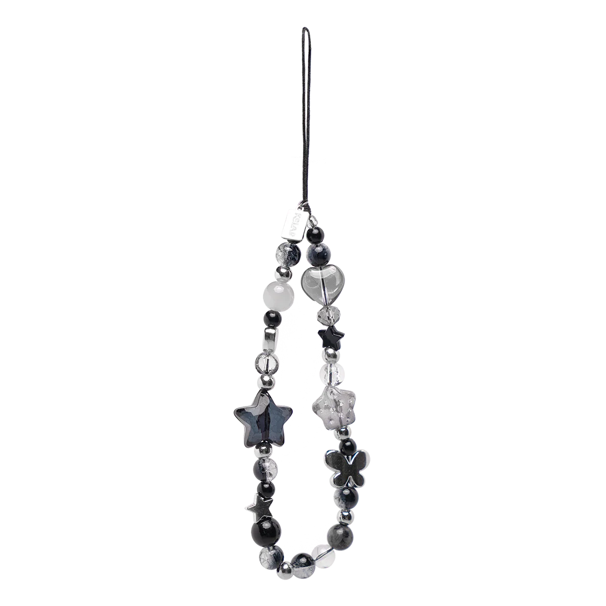 Chrome star beaded phone charm with black, silver, and crystal beads in celestial and Y2K style. Features silver stars and black accents.