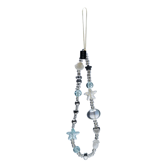 Crystal Sea Star Phone Charm with beaded shell and star accents in chrome and blue tones, ideal for phones, keys, or bags.