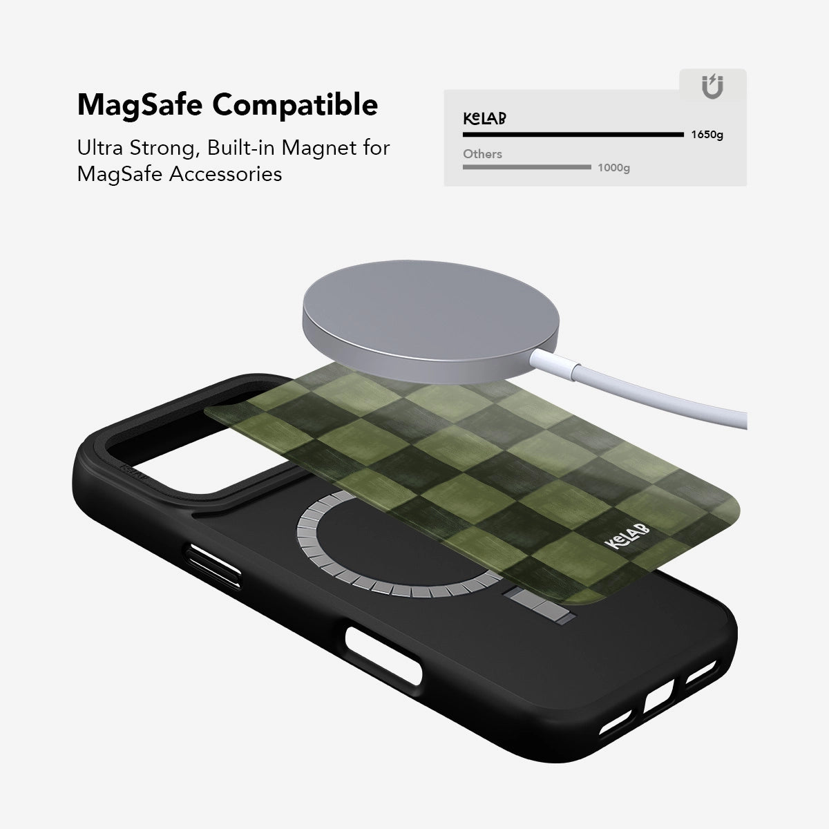 Green checkered iPhone case with MagSafe compatibility, drop protection, and anti-slip design.
