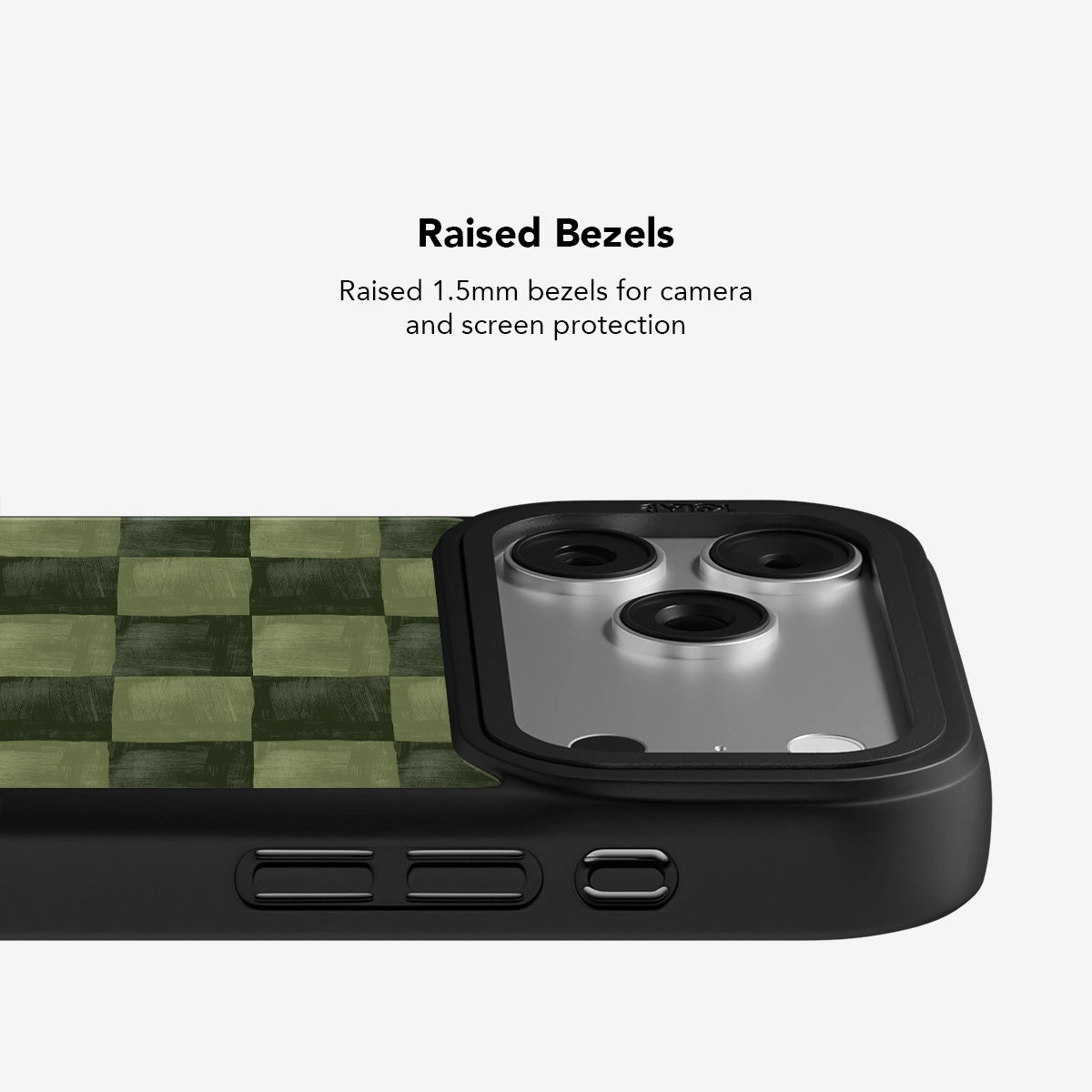 Green checkered iPhone case with raised bezels for drop protection, anti-slip texture, and MagSafe compatibility.