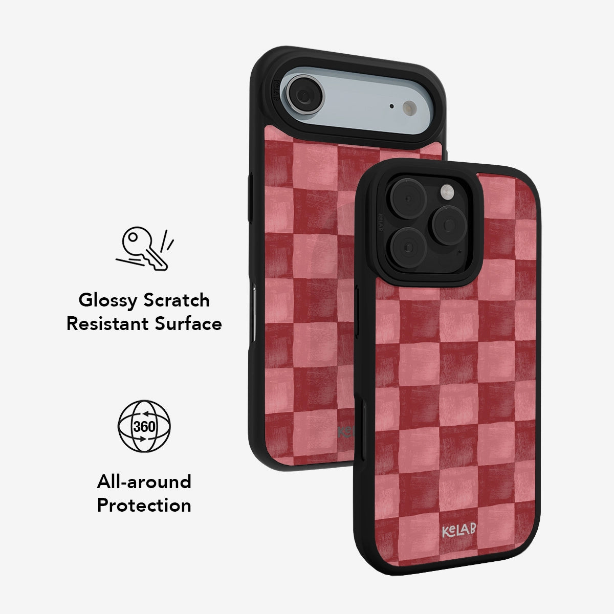 Red checkered MagSafe iPhone case with glossy scratch-resistant surface and all-around drop protection.