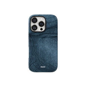 Denim Blue Patterned Phone Case inspired by Jeans by KELAB featuring a textured indigo design with camera cutout, ideal for stylish phone protection.