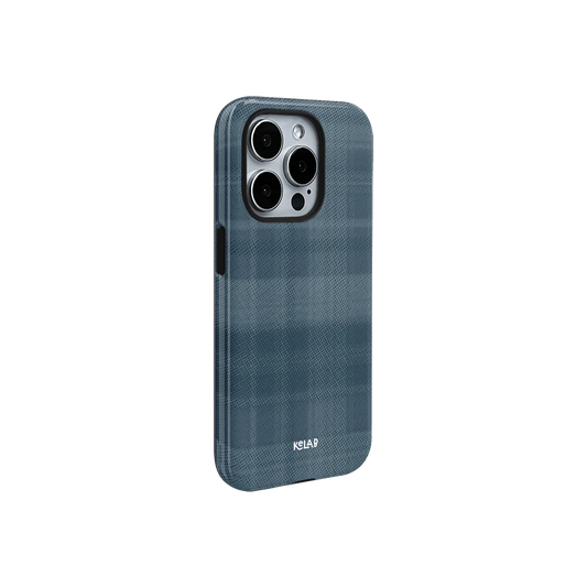 KELAB blue flannel minimalist iPhone case with cream grid design, offering a sleek plaid look and casual style for modern smartphones.