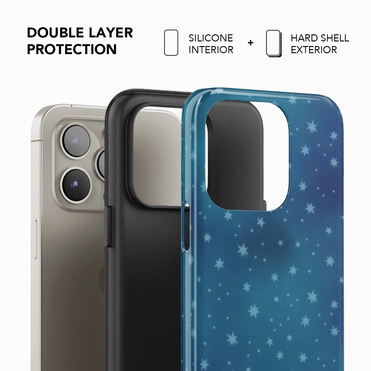 Double layer protection of KELAB's Moon Mist iPhone case with soft silicone interior and hard shell starry blue exterior for durability.