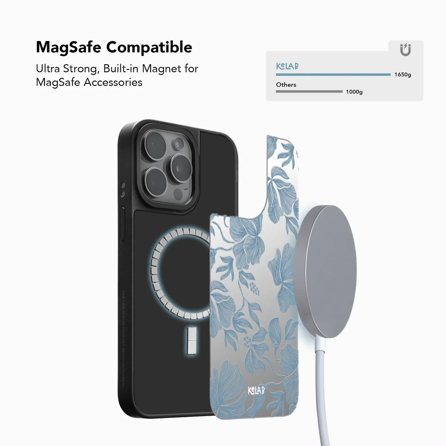 KELAB Blue Line Artsy Flowers Case with built-in MagSafe magnet, compatible with MagSafe accessories and strong magnetic hold up to 1650g.