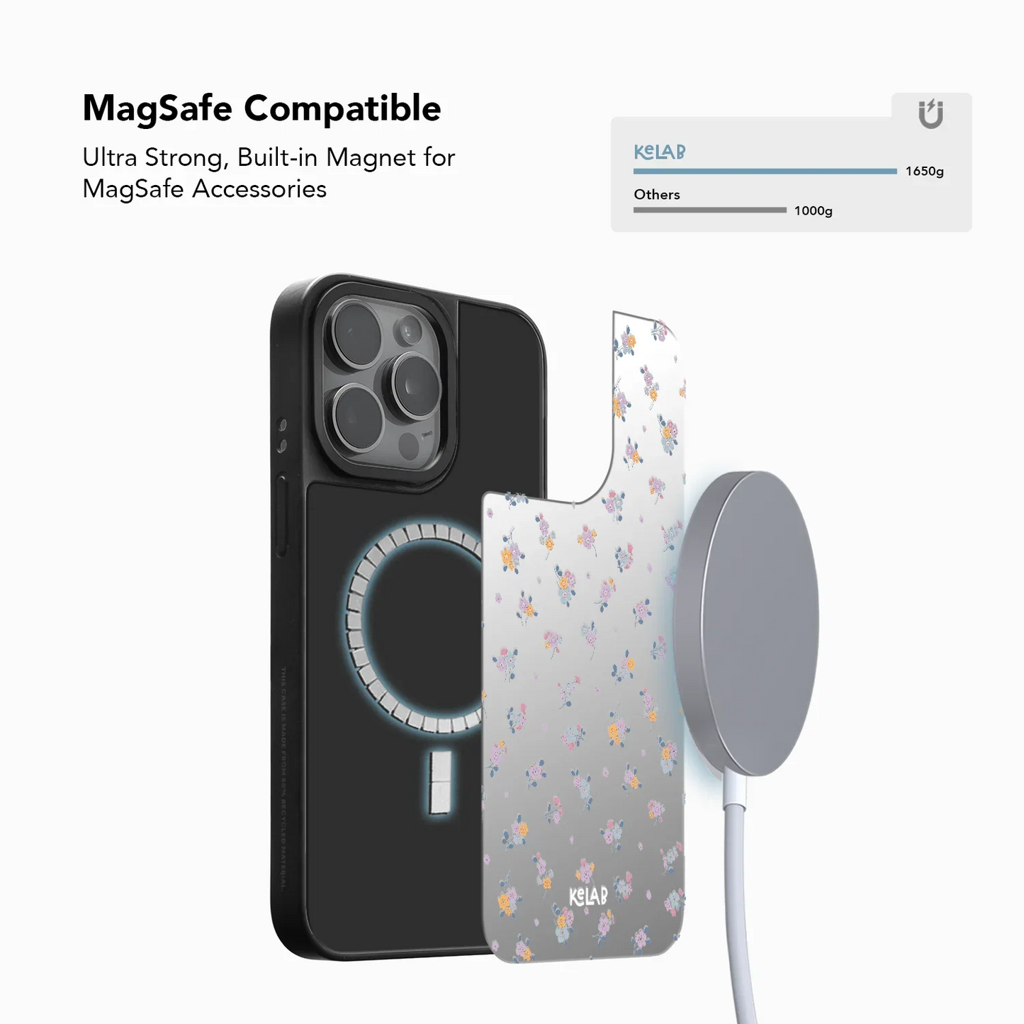 Exploded view of KELAB Dreamy Blue Butterfly Mirror Case showing MagSafe compatibility with strong built-in magnet and floral mirror back.