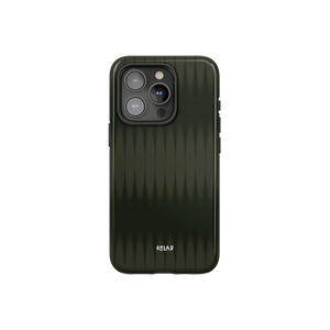 Forest Veil Olive Green Phone Case by KELAB with minimalist vertical texture, designed for modern smartphones with camera cutout.
