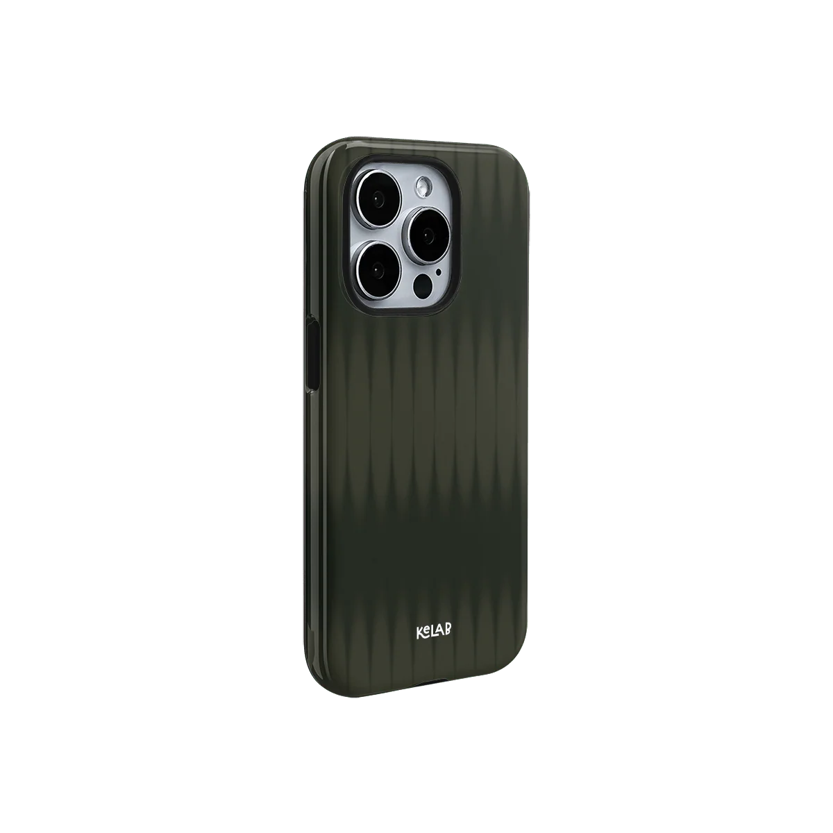 Side view of KELAB Forest Veil Olive Green Phone Case showing sleek glossy finish and minimalist design for premium phone protection.
