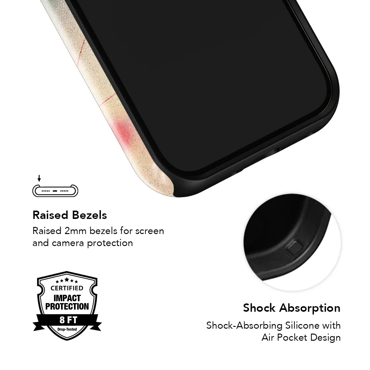 Shock-absorbing iPhone case with raised bezels and air pocket design for impact protection, featuring KELAB's colorful green abstract artwork.