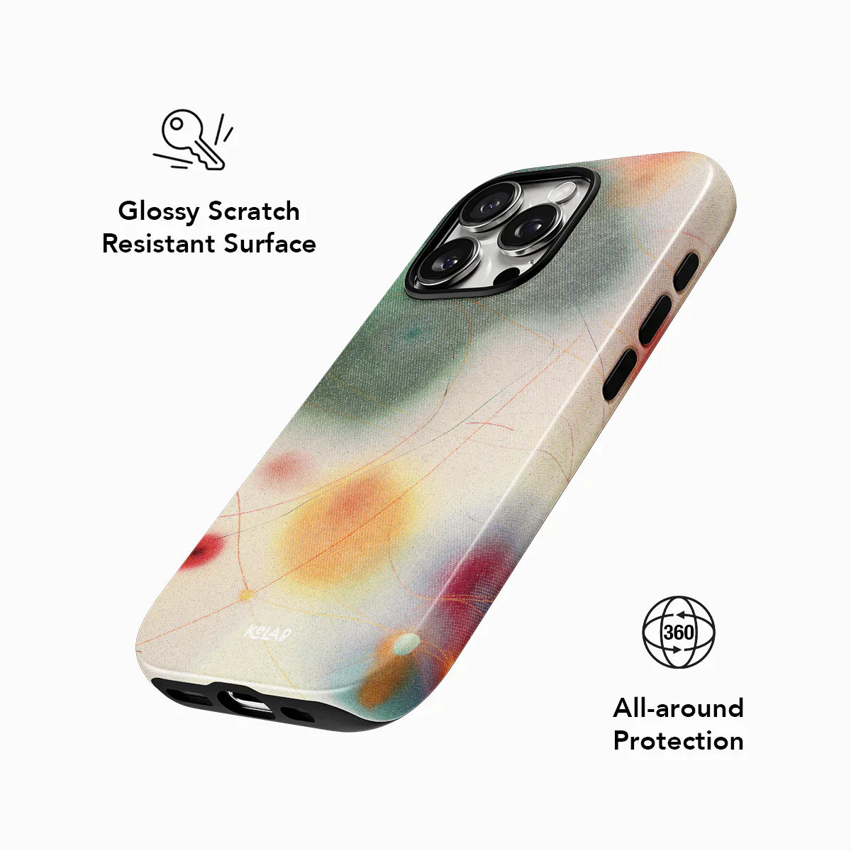 Glossy scratch-resistant iPhone case with 360° protection and colorful gradient design, part of KELAB's Endorphins Series.