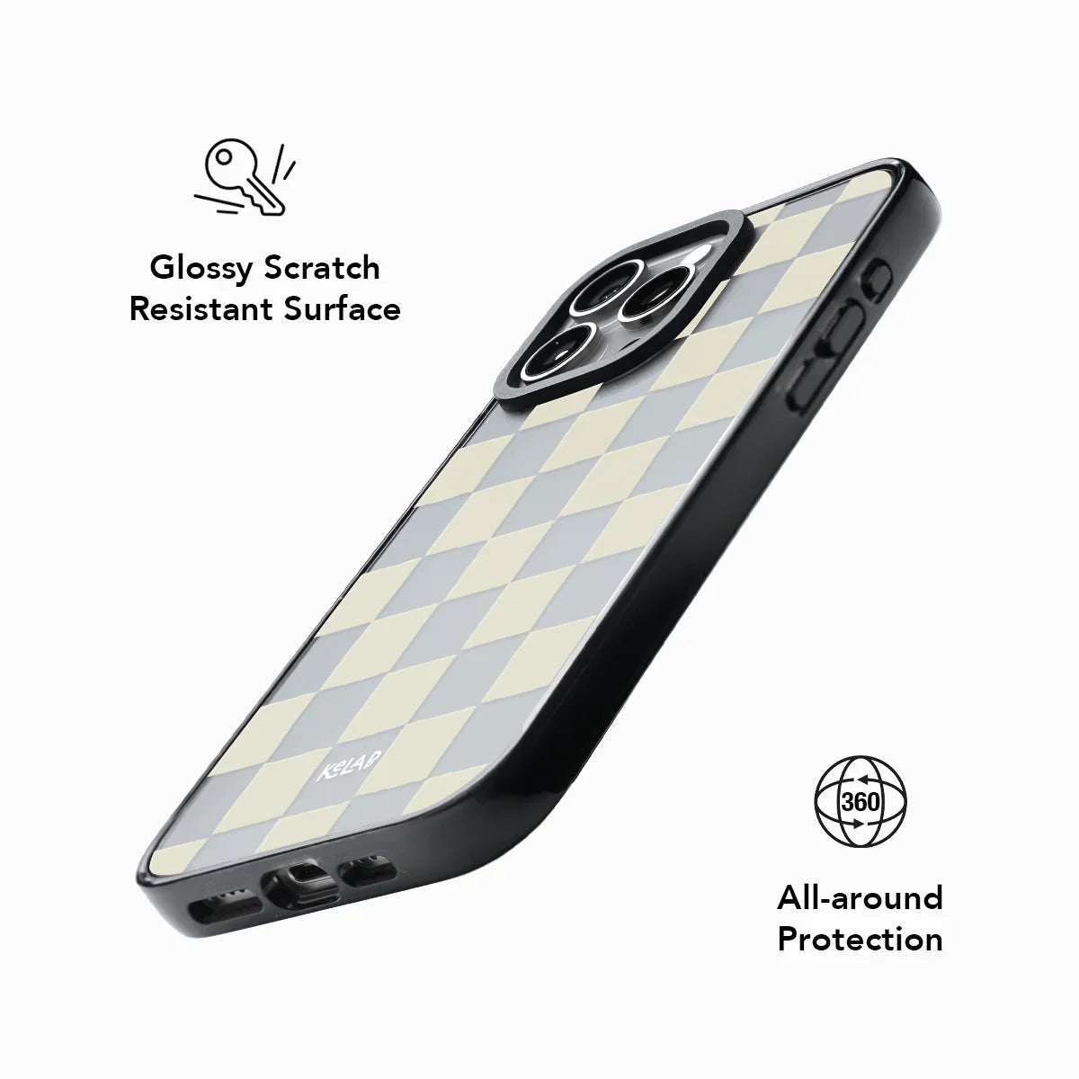 Phone case with ivory checkered design and text about scratch resistance and all-around protection on a white background