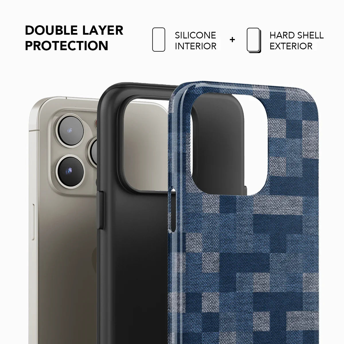 Exploded view of KELAB Denim Grid Phone Case showing dual-layer protection with silicone interior and hard shell denim-patterned exterior.