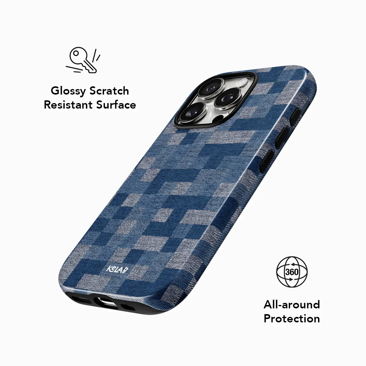 KELAB Denim Grid Phone Case with glossy scratch-resistant surface and 360° all-around protection in a blue jeans-inspired design.