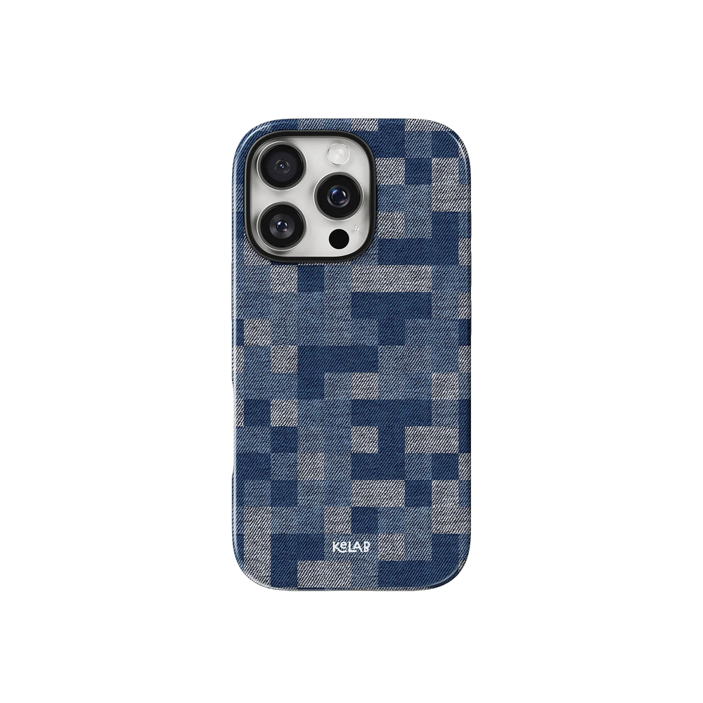 Denim Grid Patterned Phone Case by KELAB featuring a pixelated blue jeans design for iPhone with camera cutout, stylish and protective.