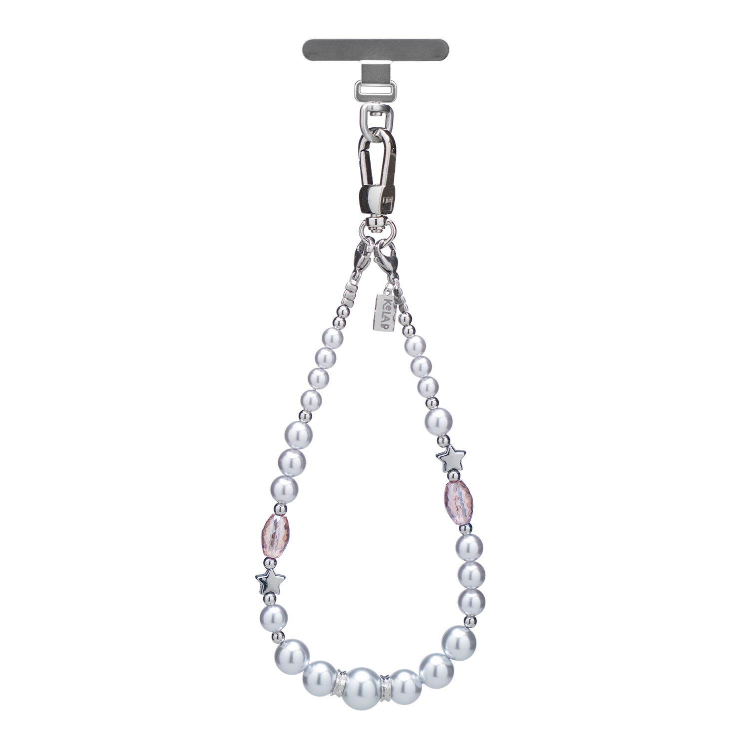 Elegant pearl phone charm with silver clasp and pink accents, perfect for stylish accessory lovers.