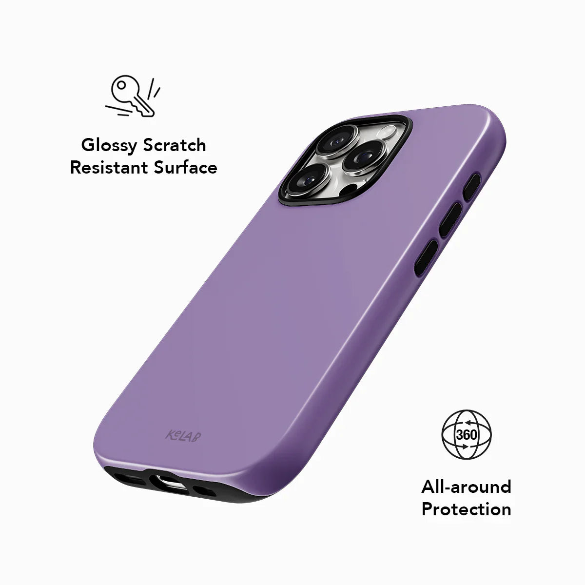 Glossy scratch-resistant purple phone case with 360° all-around protection, designed for minimalist iPhone users.