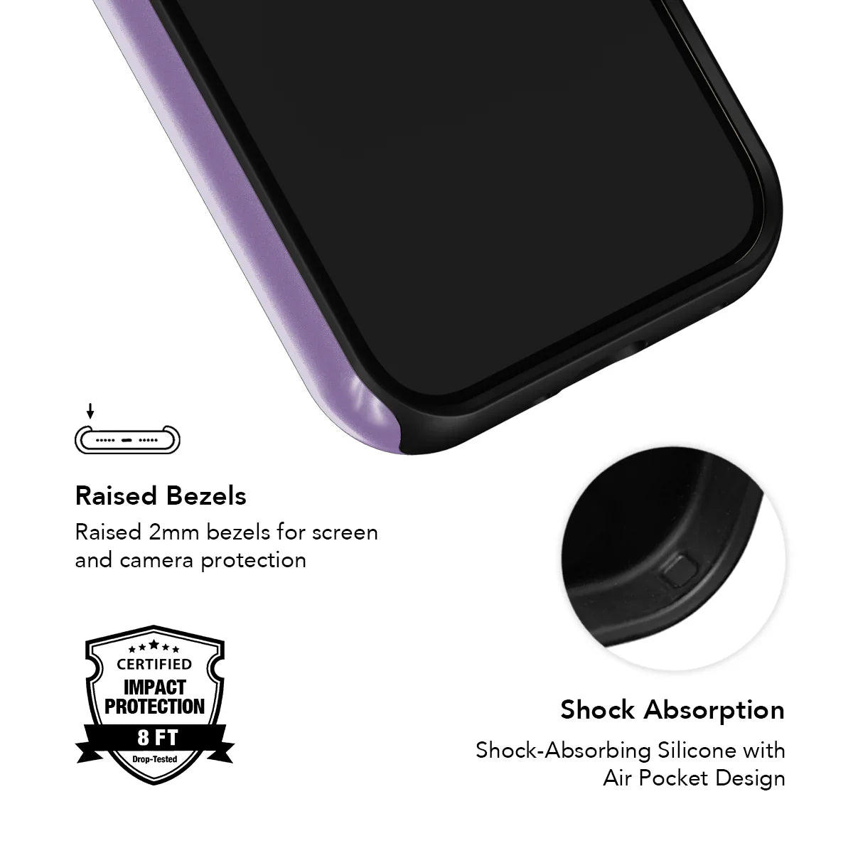 Shock-absorbing lavender phone case with raised bezels and air pocket design for certified 8ft impact protection.