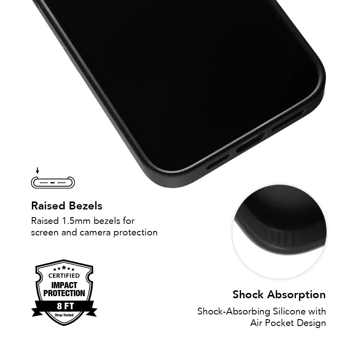 Close-up of KELAB Mirror Phone Case showing raised bezels and shock-absorbing silicone for 8ft drop protection and screen safety.