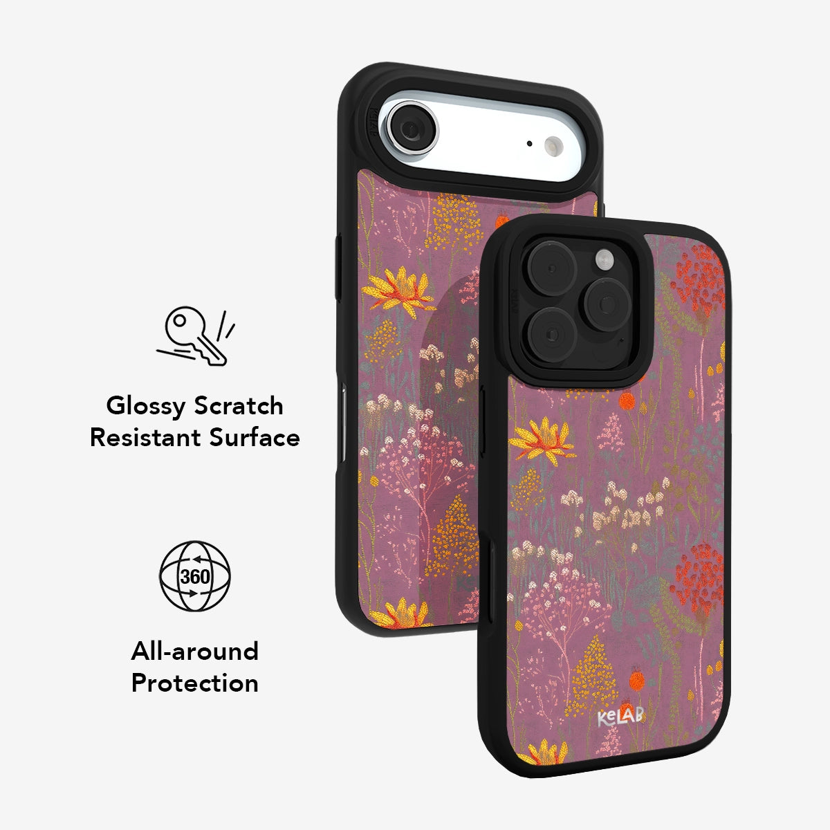 Dusty Pink Wildflower Meadow iPhone Case with orange and cream floral sketches on a glossy scratch-resistant surface and black bumper for 360° protection.