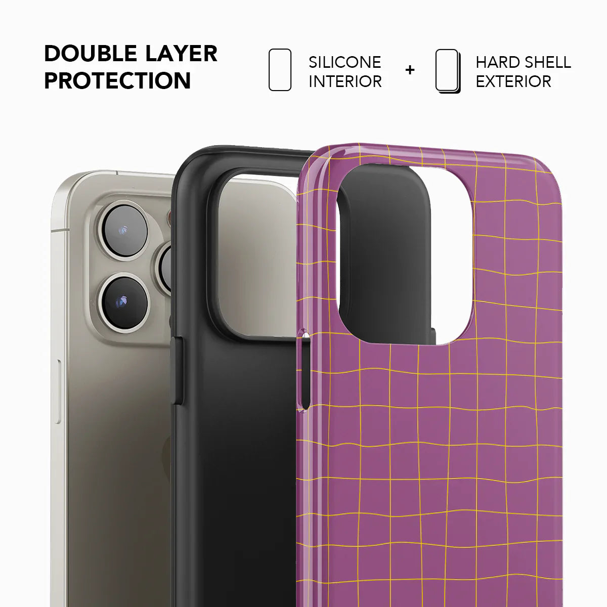 Double-layer protection phone case by KELAB with silicone interior and hard shell exterior in pink and orange grid pattern for iPhone models.