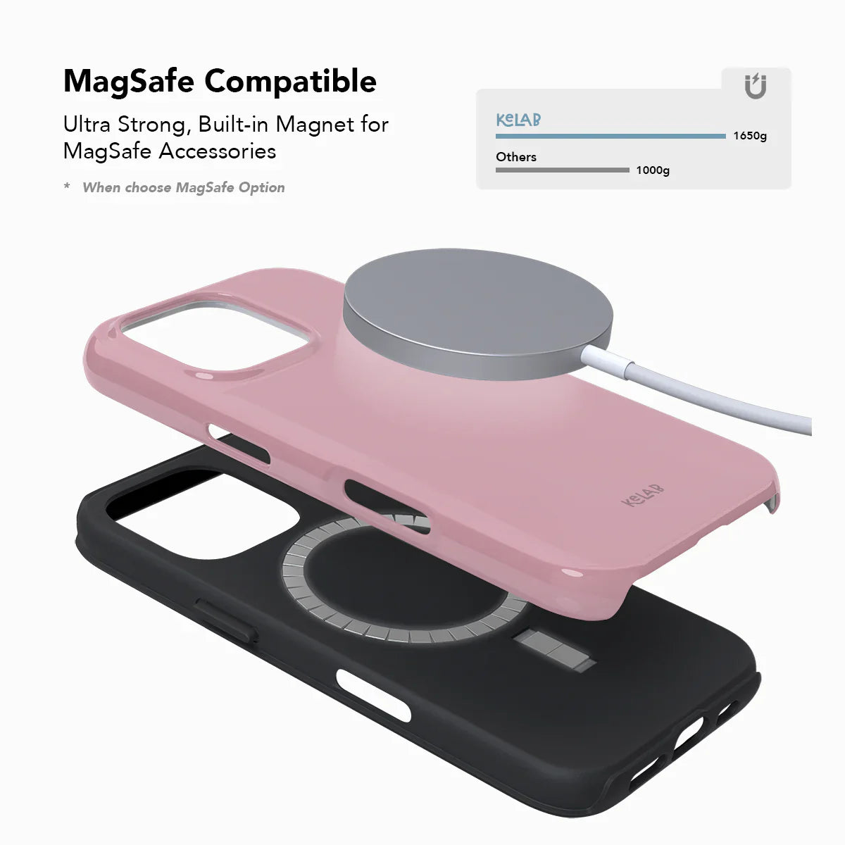 KELAB MagSafe compatible pink phone case with built-in magnet, offering strong hold for MagSafe accessories and wireless charging.