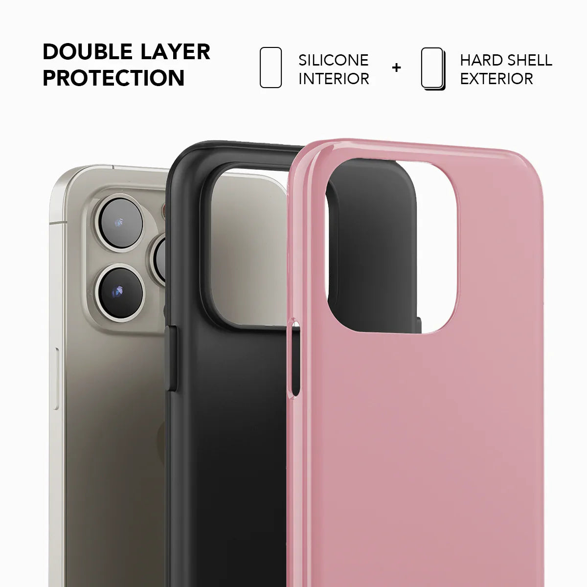 Double layer protection of KELAB pink phone case featuring a silicone interior and hard shell exterior for enhanced durability.