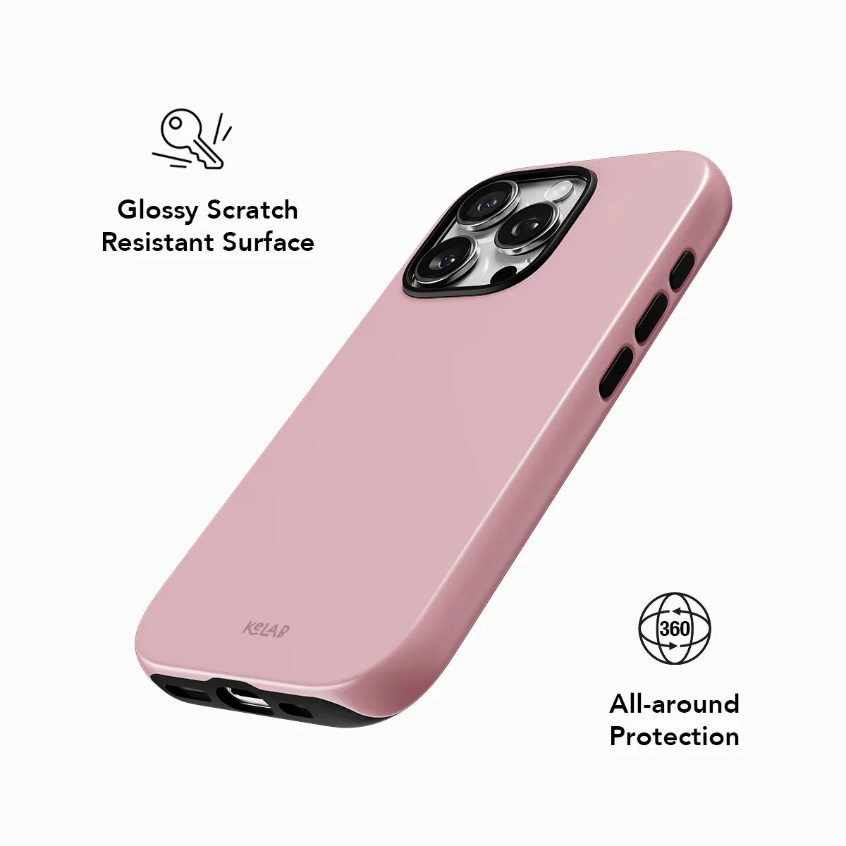 Glossy solid pink phone case by KELAB with scratch-resistant surface and 360-degree all-around protection for smartphones.