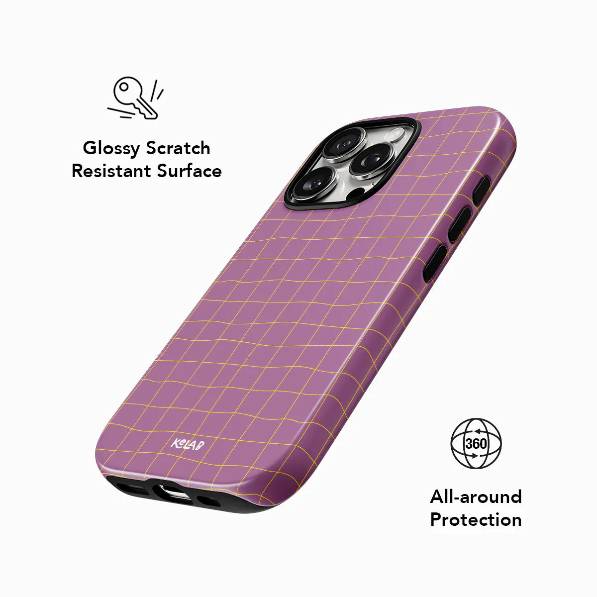 Glossy scratch-resistant pink grid phone case by KELAB offering 360° protection with stylish mauve and orange retro design.