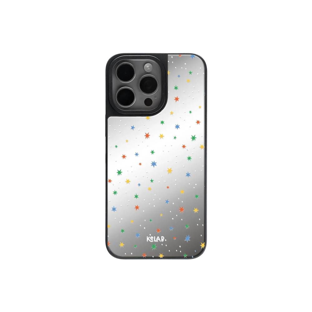 Dreamy Blue Butterfly Clear Case | KELAB mirror phone case with colorful starry pattern and reflective back for iPhone models.