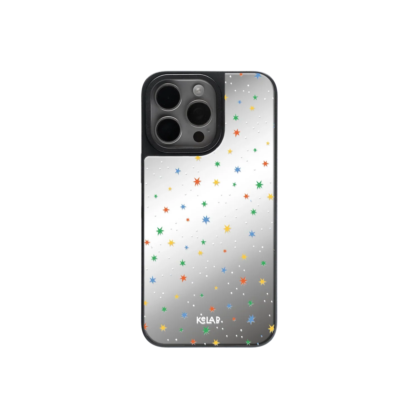 Dreamy Blue Butterfly Clear Case | KELAB mirror phone case with colorful starry pattern and reflective back for iPhone models.