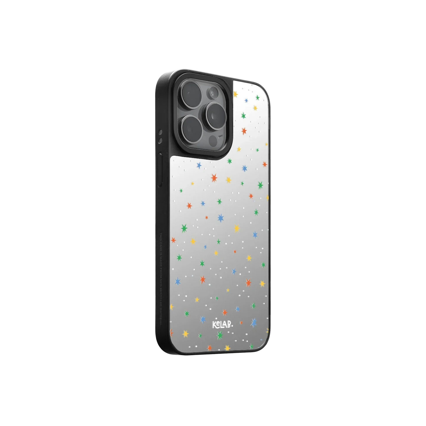 KELAB Colorful Starry Phone Case with mirror finish, slim profile, and vibrant stars, compatible with iPhone 13 to iPhone 16 series.