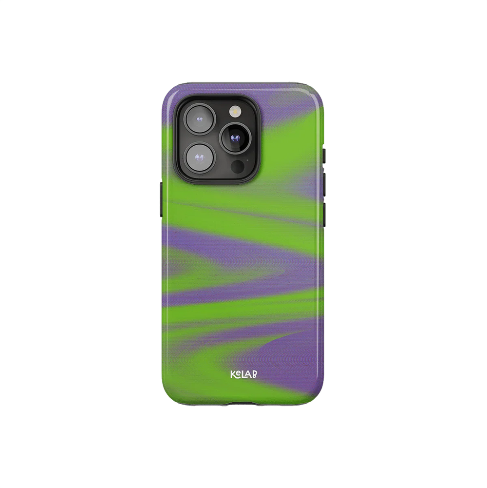 Neon green phone case with futuristic Y2K design by KELAB, featuring a bold purple haze wave pattern and precise camera cutout.