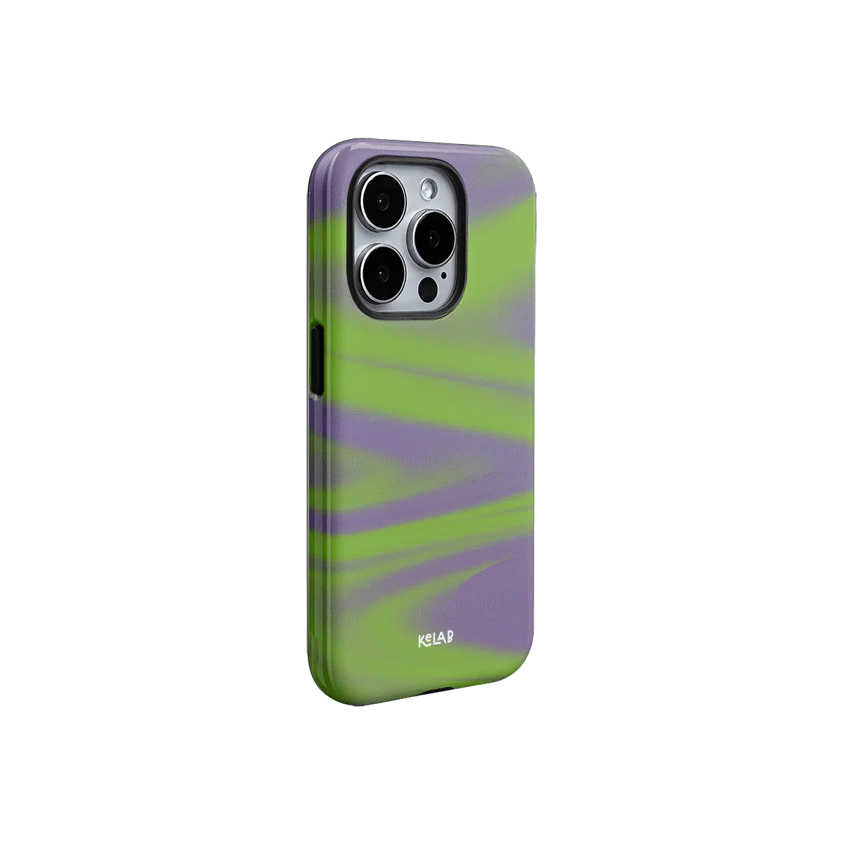 Y2K neon green and purple phone case with abstract glitch design, offering vibrant style and side button accessibility.