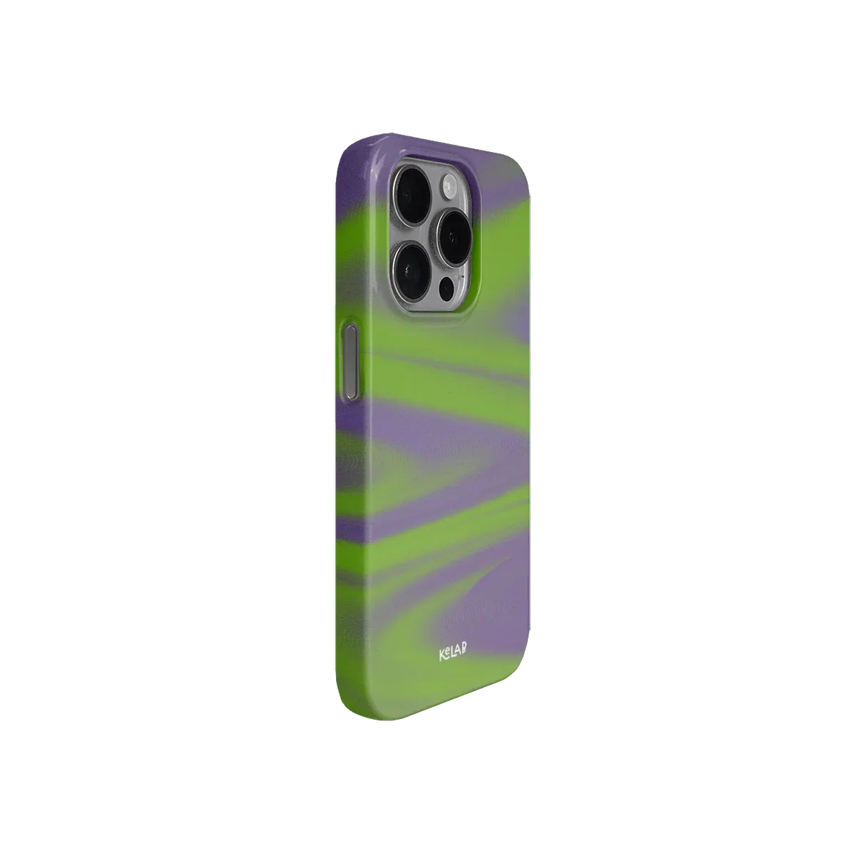 Angled view of futuristic Y2K neon green phone case with purple glitch waves, designed for stylish protection by KELAB.