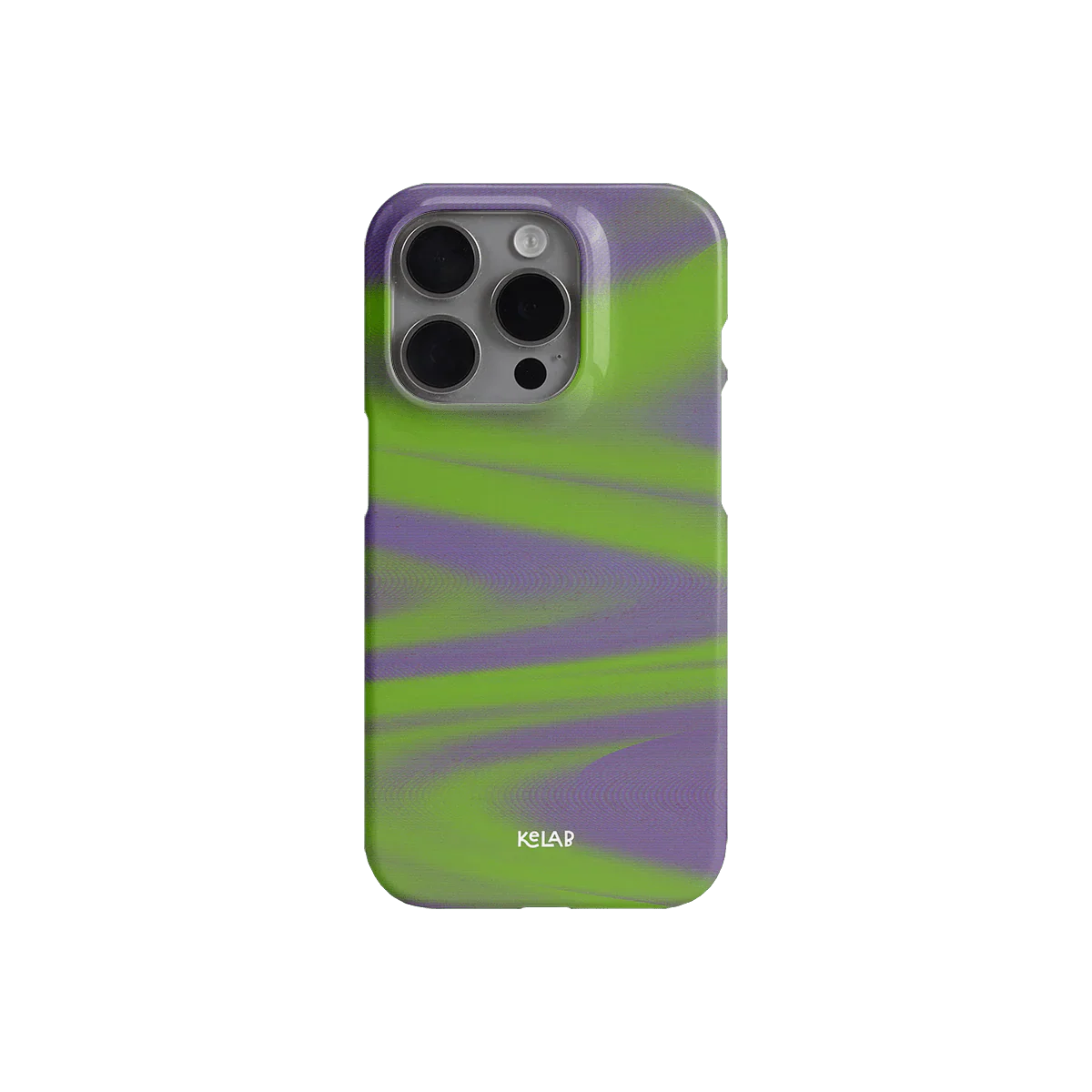 Back view of KELAB's neon green phone case with purple haze Y2K design, showcasing sleek fit and vibrant abstract pattern.