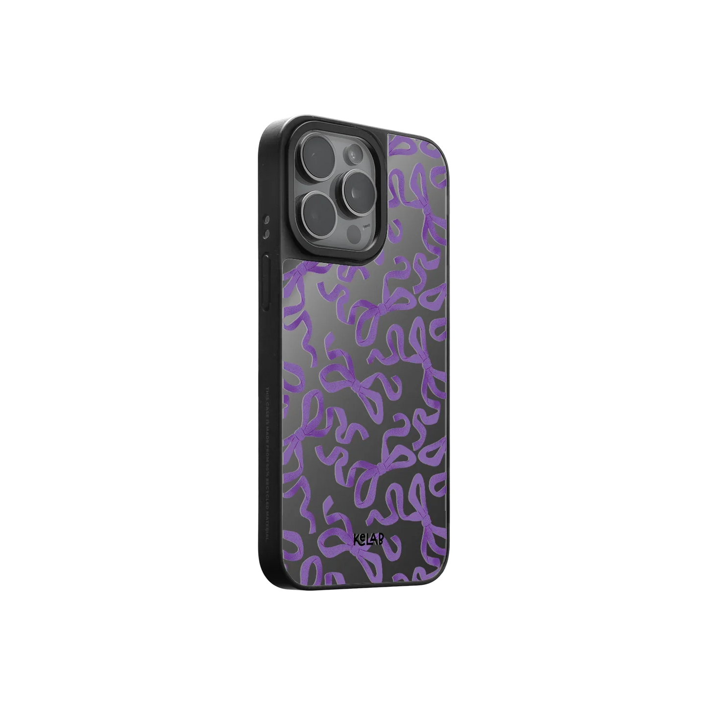 Side view of Enchanted Knot mirror phone case showing lavender bow design and reflective surface, ideal for dark fairycore and Halloween aesthetics.
