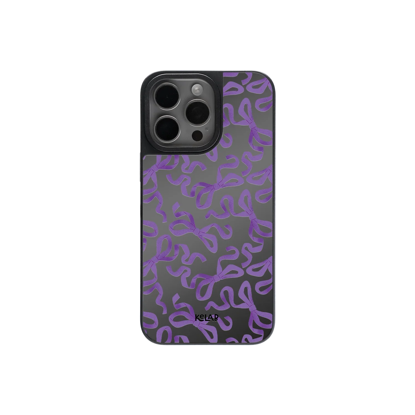 Cute Halloween bow mirror phone case with purple ribbon pattern on glossy black background, perfect for spooky chic and gothic fashion lovers.