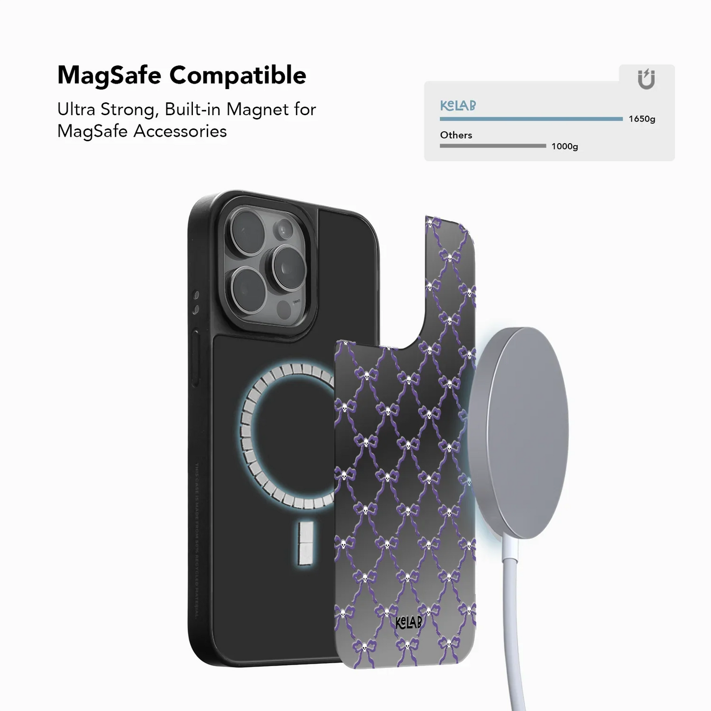 MagSafe-compatible Halloween mirror phone case with purple chain bow design, built-in magnet for secure accessory attachment and fast charging.